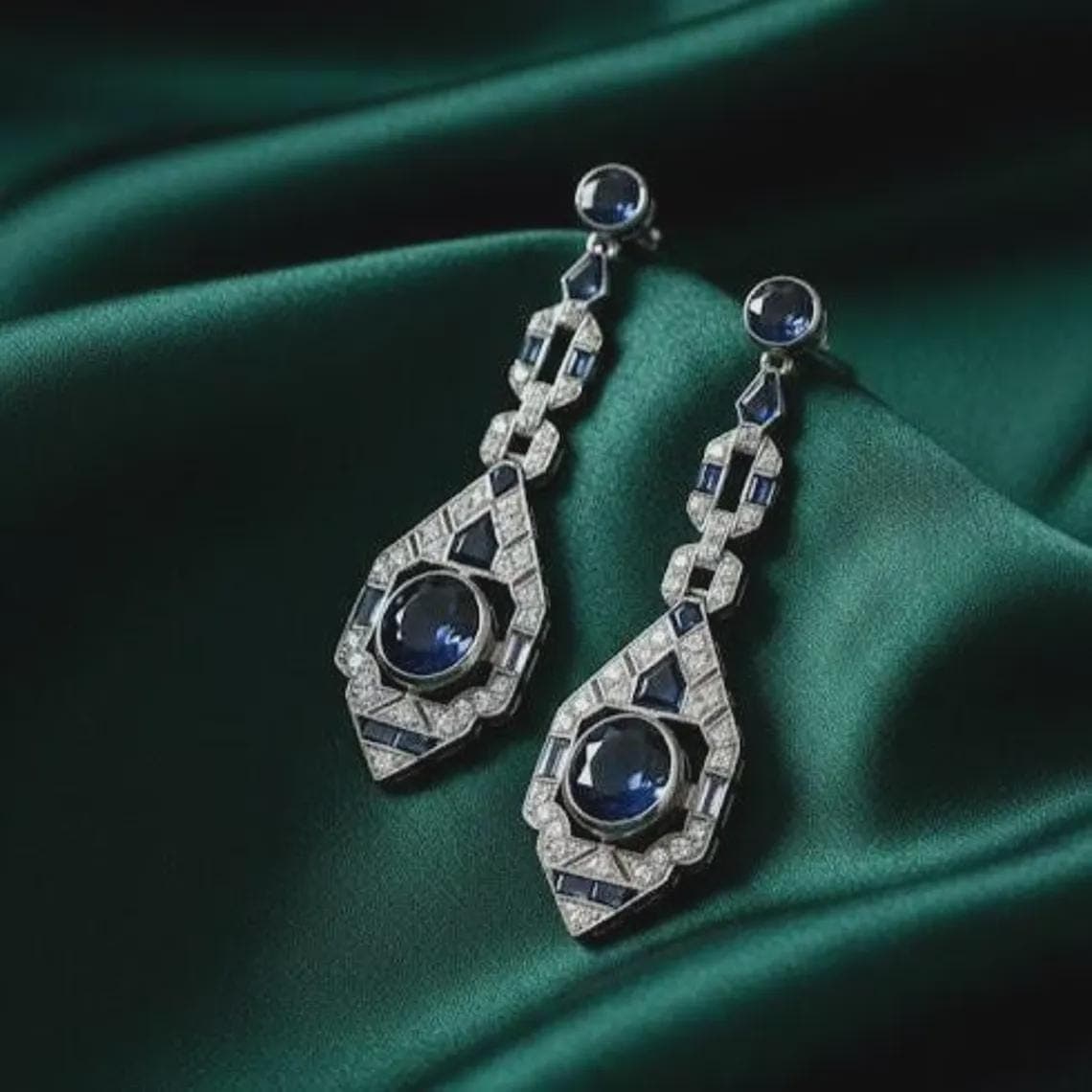 Art Deco Sapphire Diamond Drop Earrings — View 2