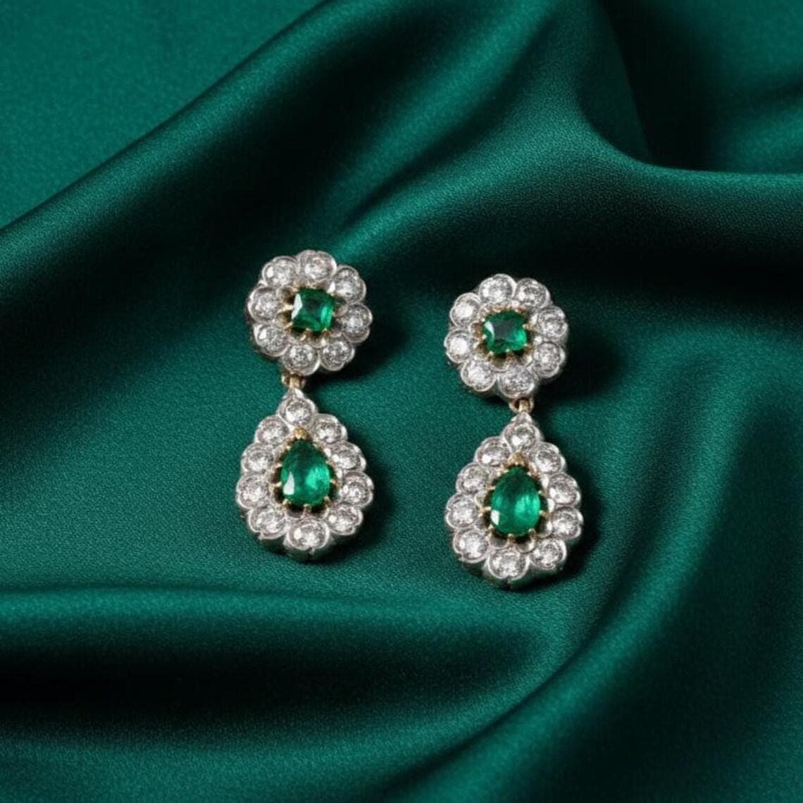 Victorian Emerald Diamond Drop Earrings — View 2