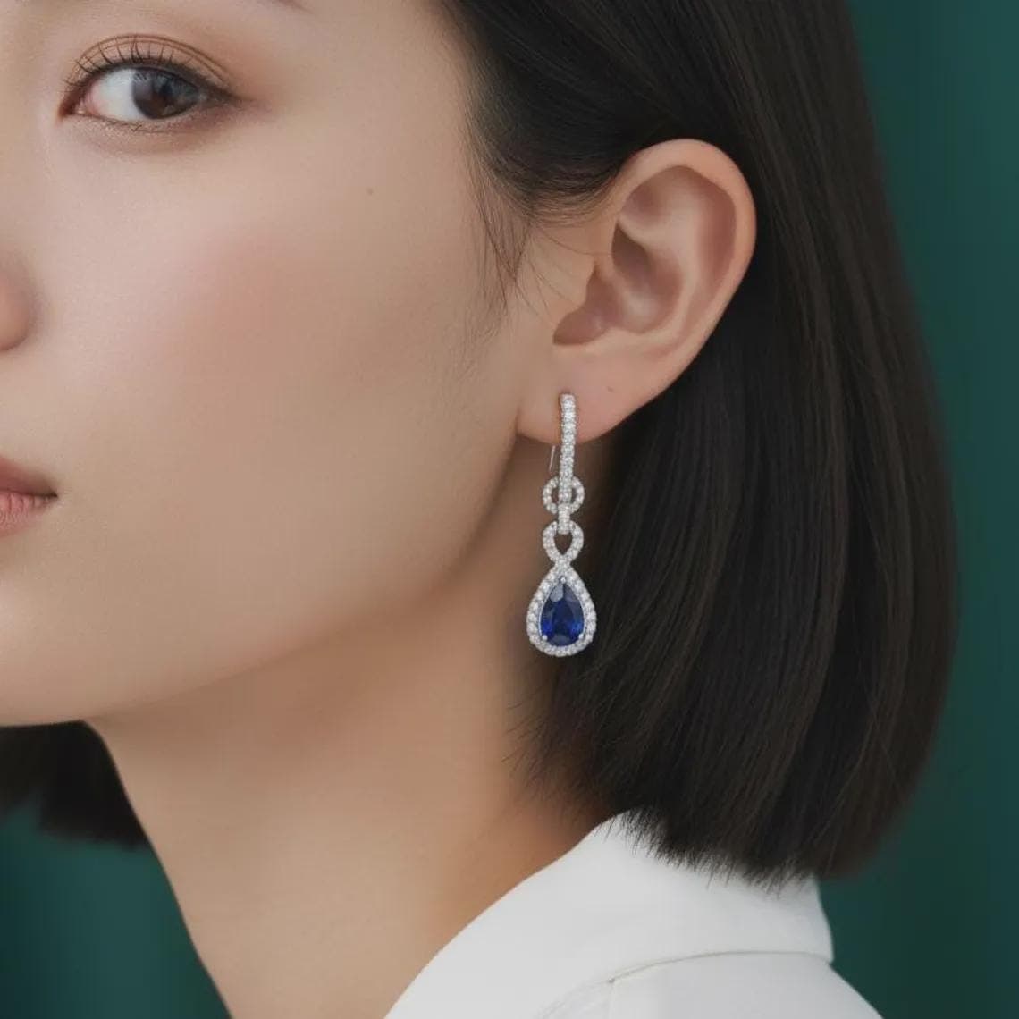 Pear Cut Blue Sapphire Halo Drop Earrings — View 4