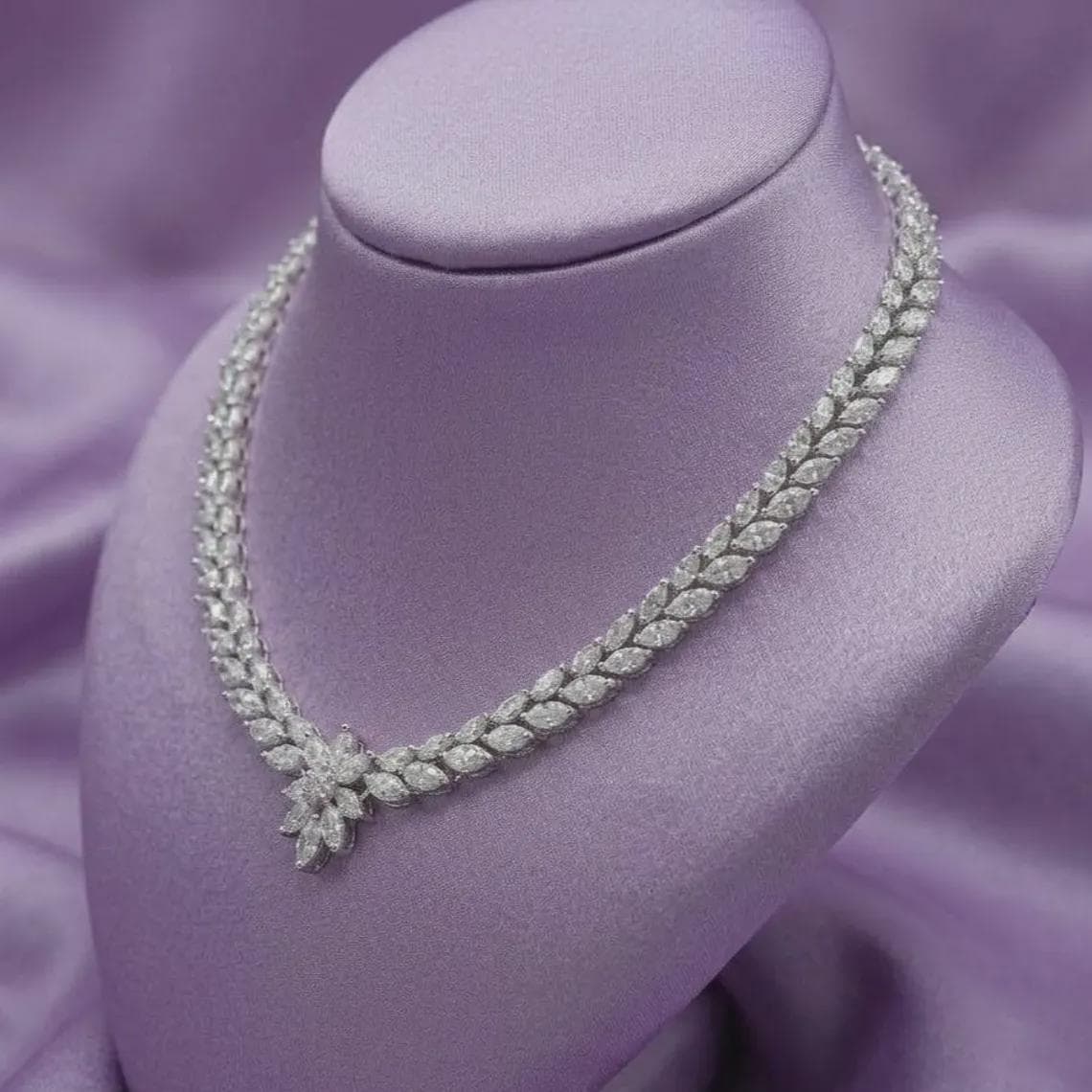 Marquise Diamond/Moissanite Floral Drop Necklace 14K Gold Plated — View 4