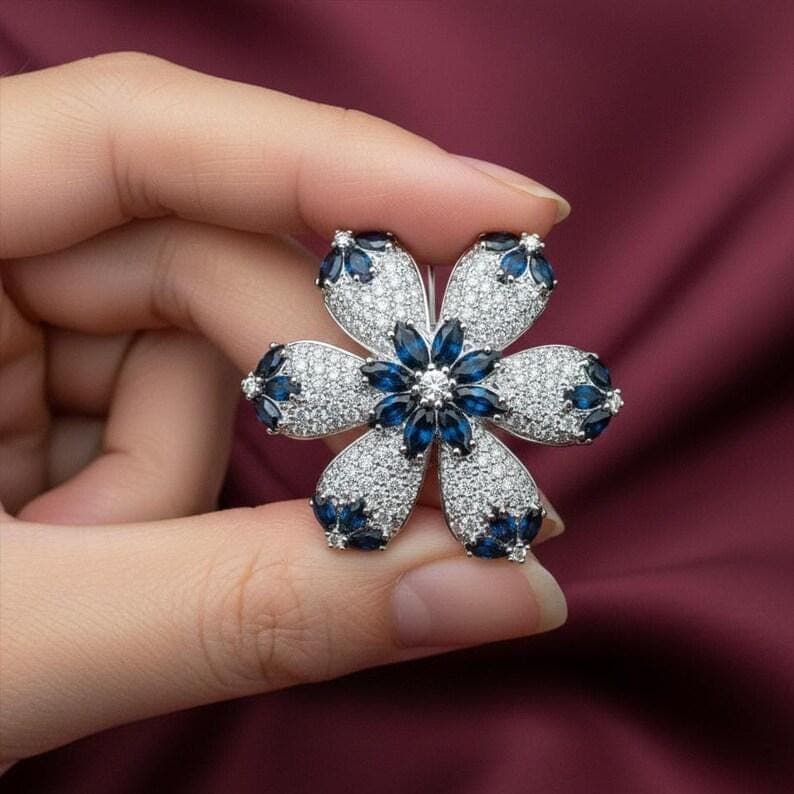 Elegant Blue Sapphire Flower Brooch with Sparkling Crystal