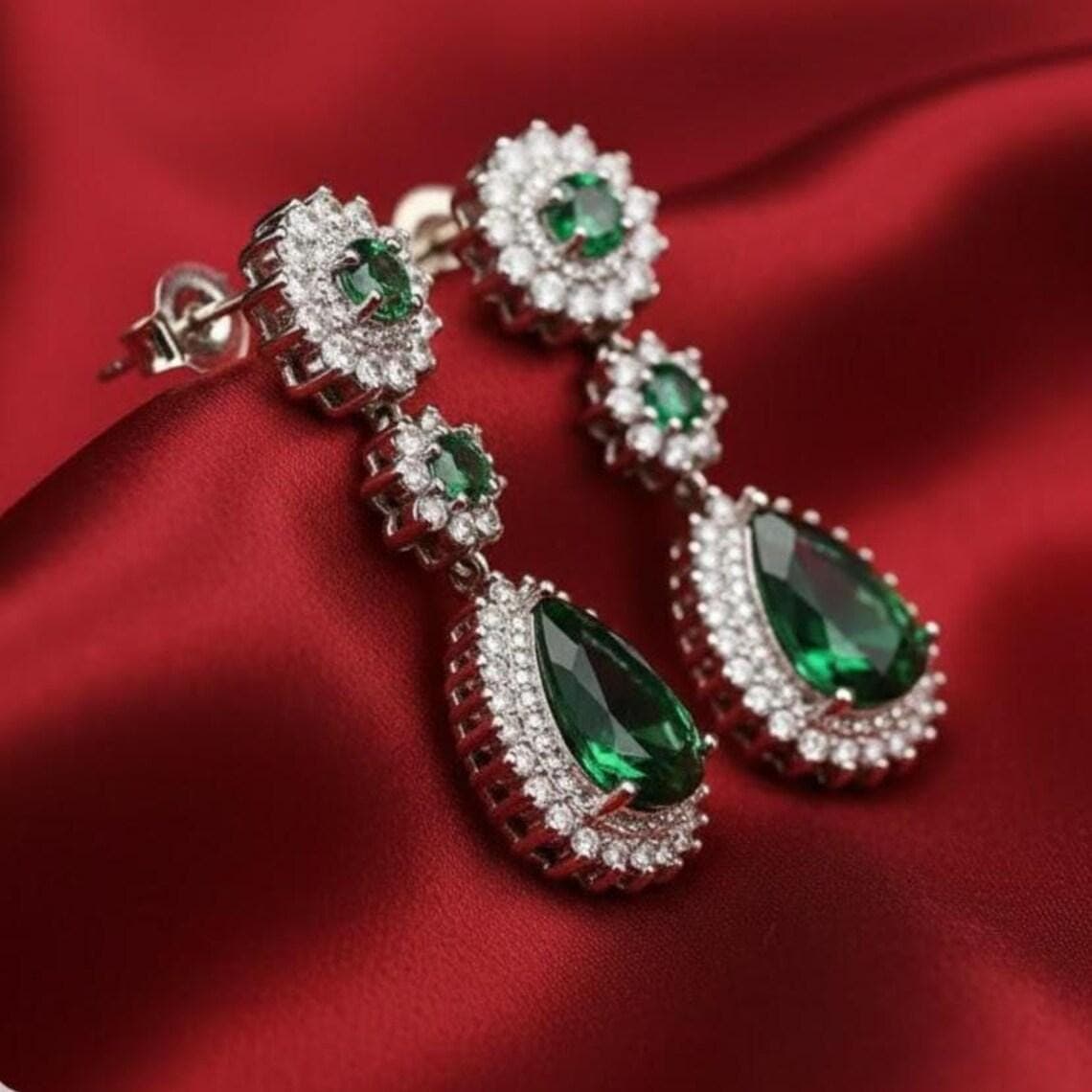 Emerald Moissanite Halo Drop Earrings — View 5