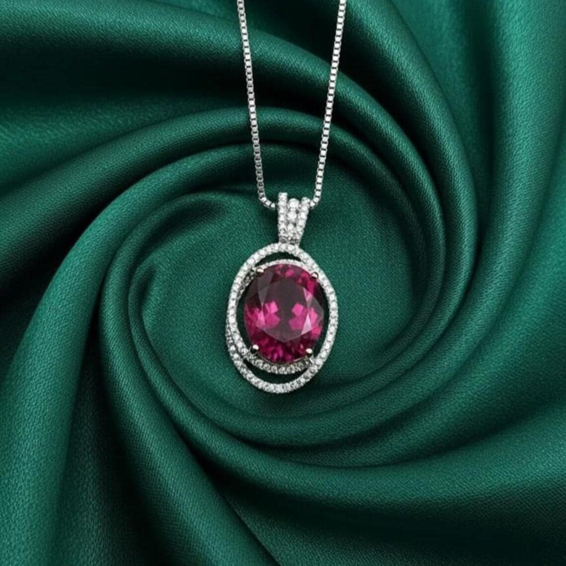 Oval Pink Ruby Halo Pendant Necklace