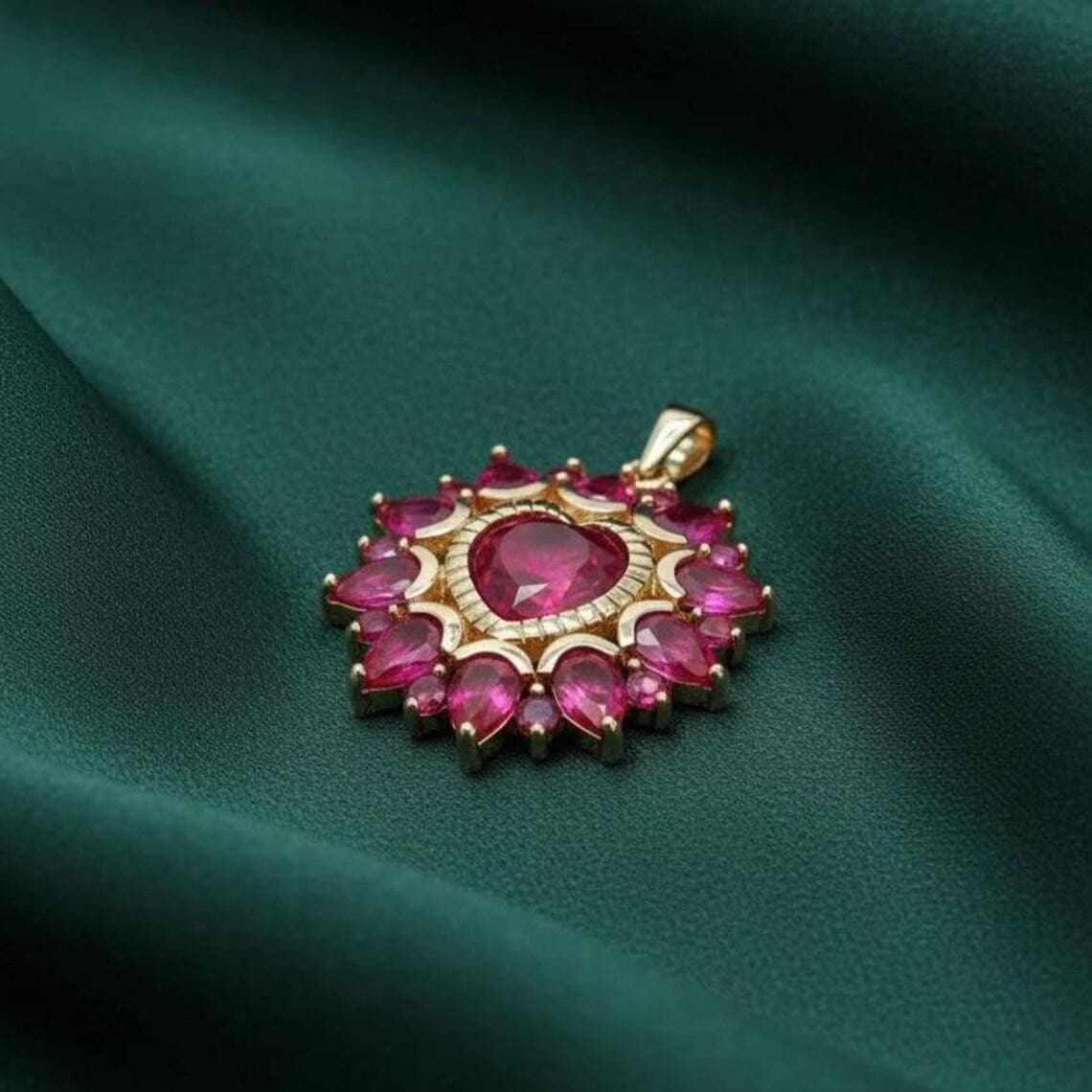 Pink Ruby Heart Cluster Pendant Necklace — View 4
