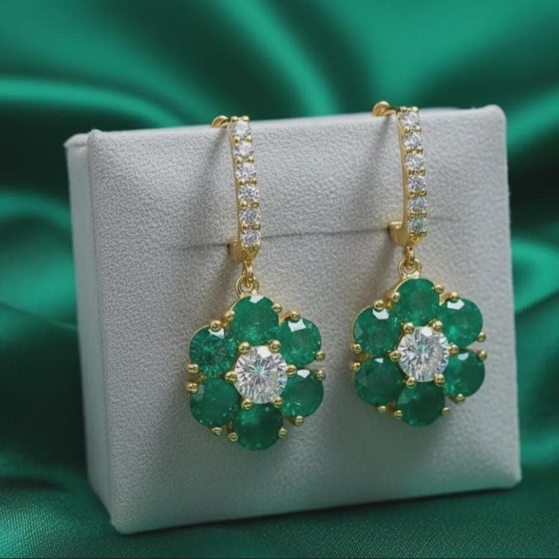 Emerald Floral Cluster Drop Earrings — View 2