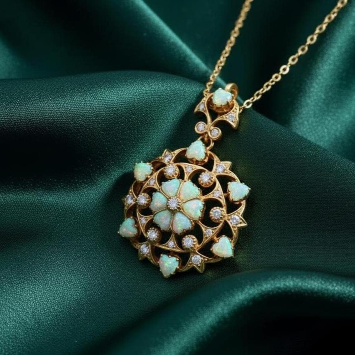 Vintage Opal Flower Mandala Pendant Necklace — View 3