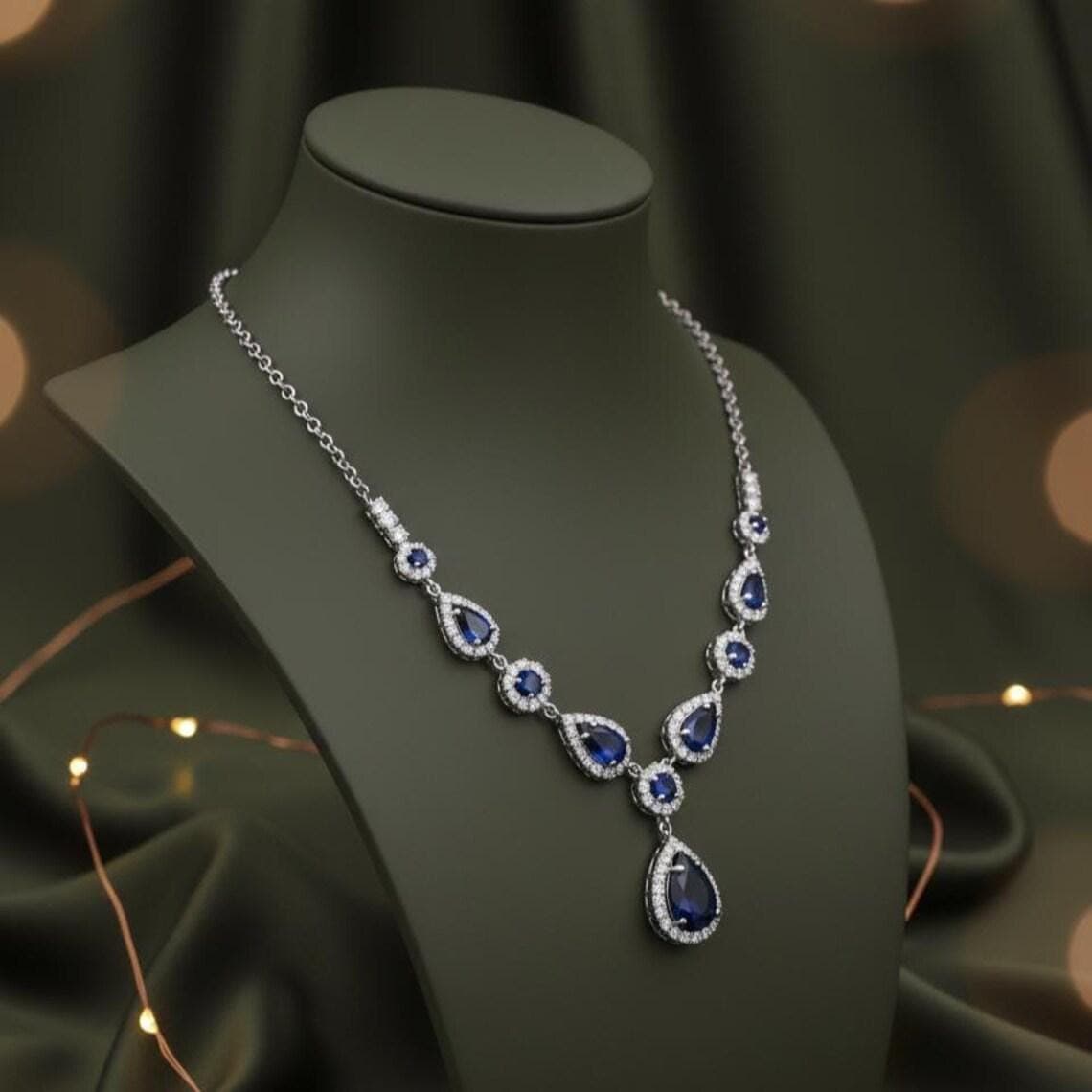 Sterling Silver Pear Cut Sapphire Diamond Bridal Necklace — View 4
