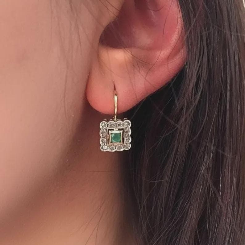 Princess Cut Emerald Halo Dangle Earrings — View 3