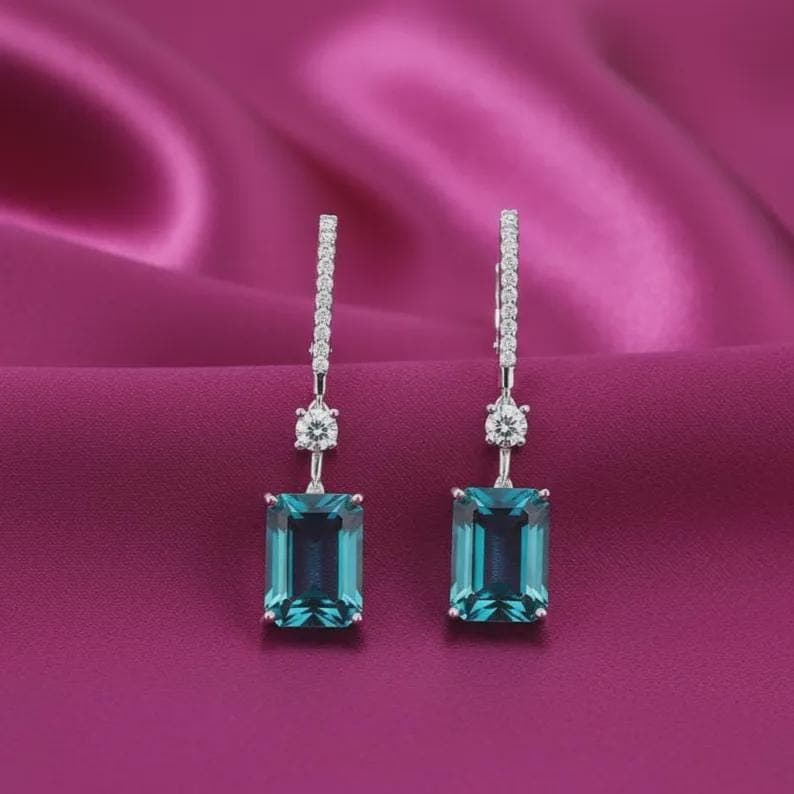 Emerald Cut London Blue Topaz Drop Earrings — View 2