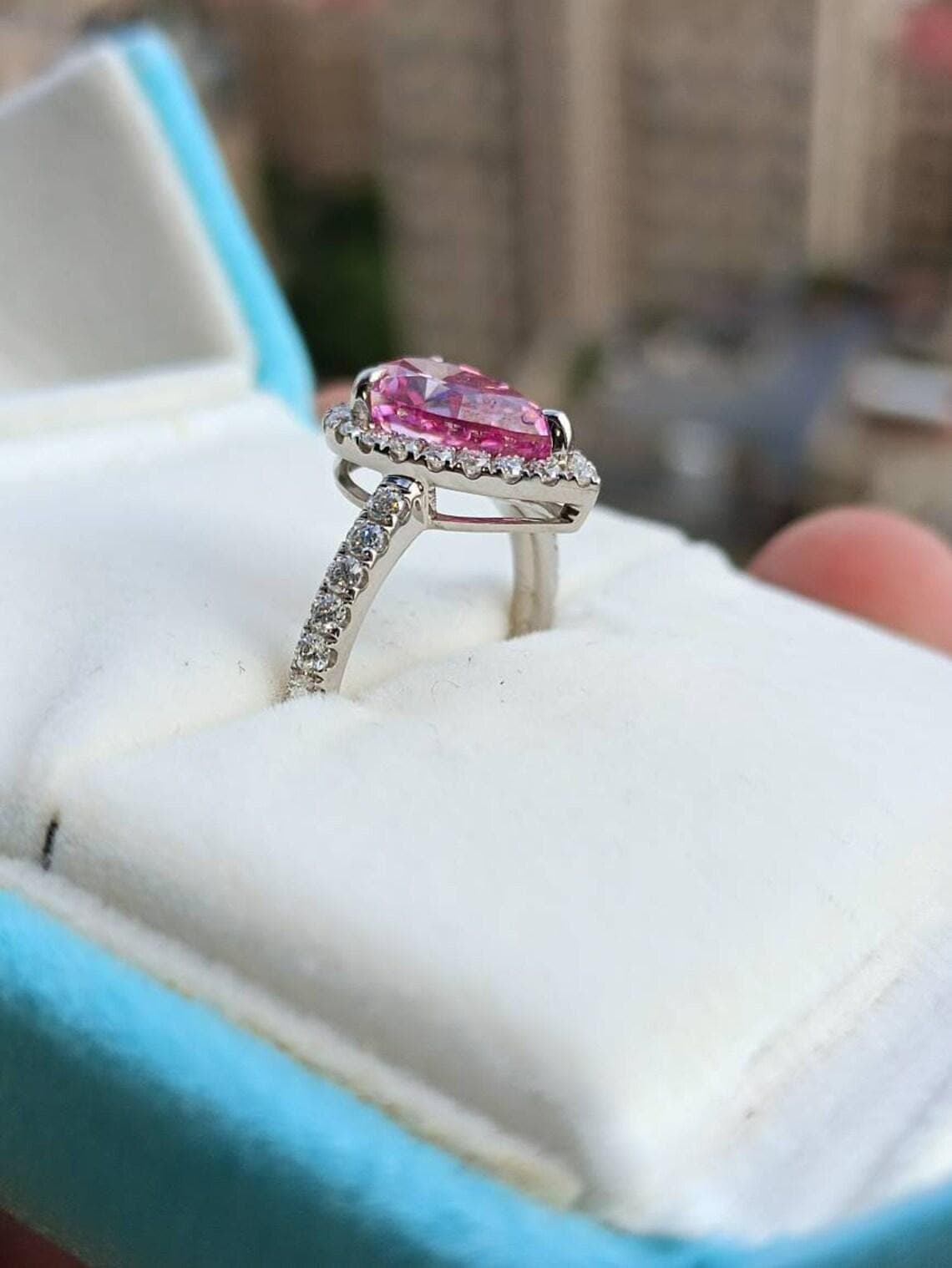 Fancy Pink Pear Cut Moissanite Engagement Ring — View 5