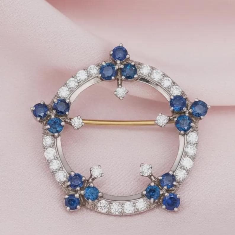 Vintage Circle Blue Sapphire Brooch with Diamond Accents