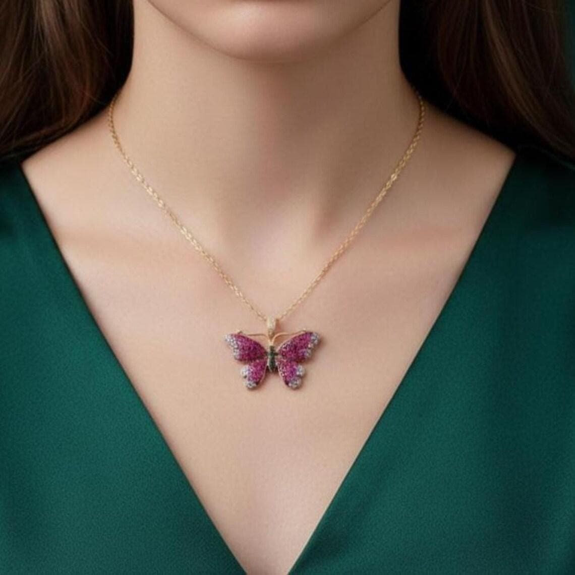 Pink Ruby Sapphire Butterfly Pendant Necklace — View 2