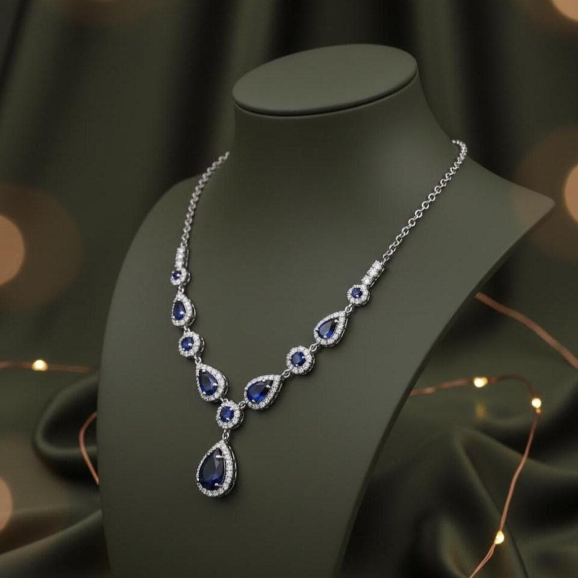 Sterling Silver Pear Cut Sapphire Diamond Bridal Necklace — View 5