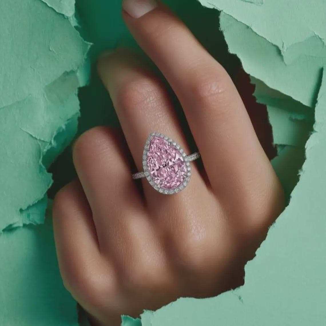 Pink Pear Cut Moissanite Halo Ring - Sterling — View 3