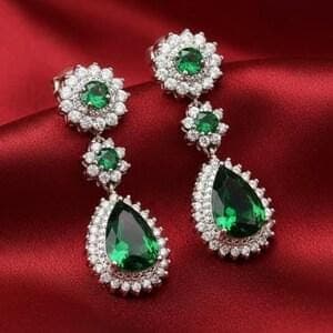 Emerald Moissanite Halo Drop Earrings — View 3