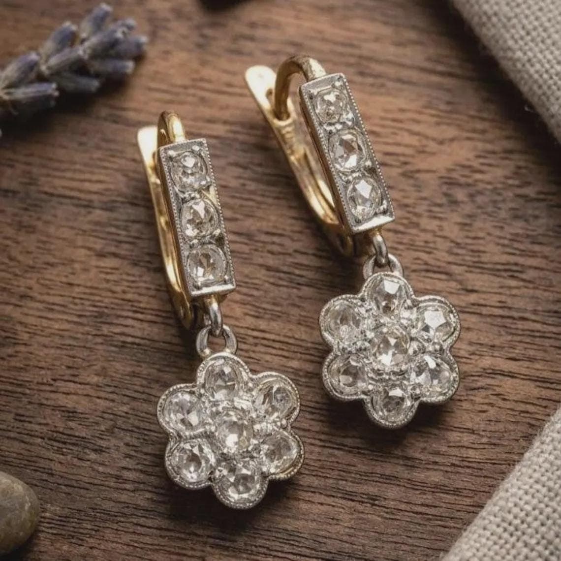 Vintage Diamond Flower Drop Earrings