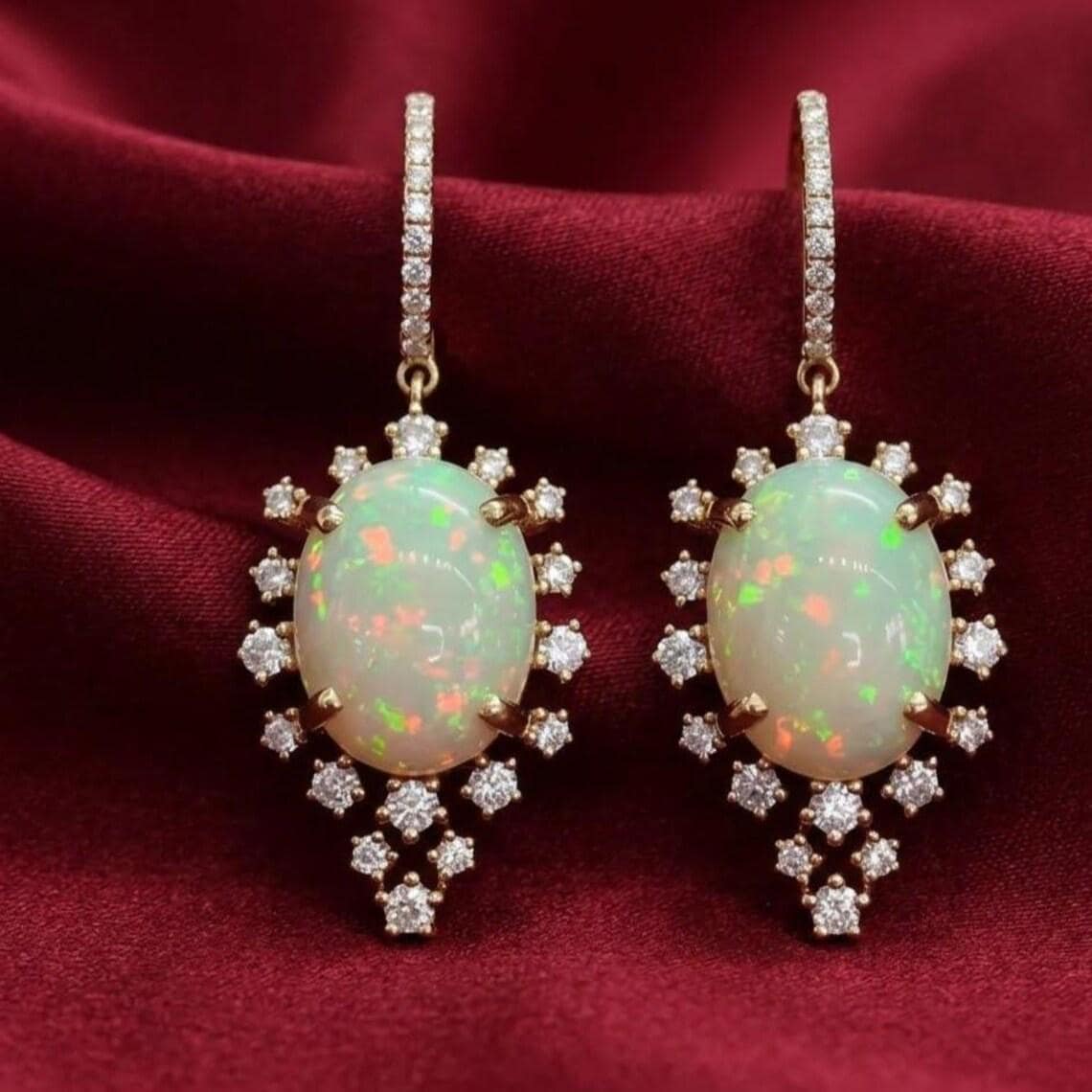 2.20 Ct Fire Opal Diamond Halo Drop Earrings