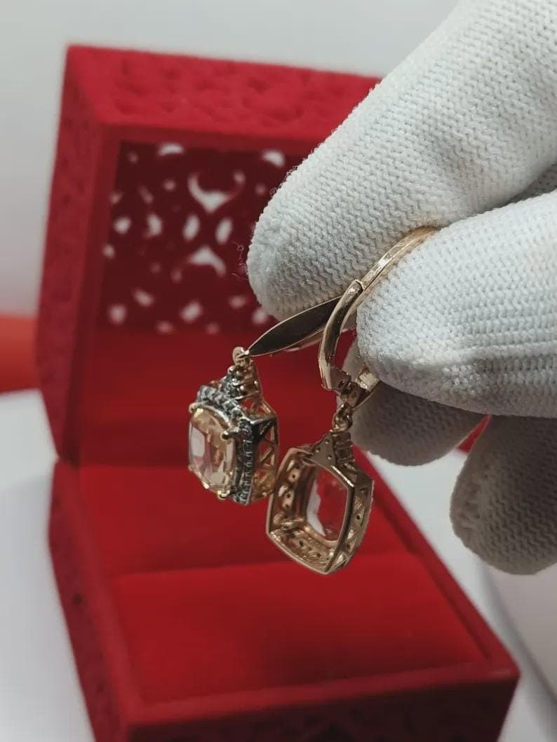 Rose Gold Morganite Halo Drop Earrings — View 5