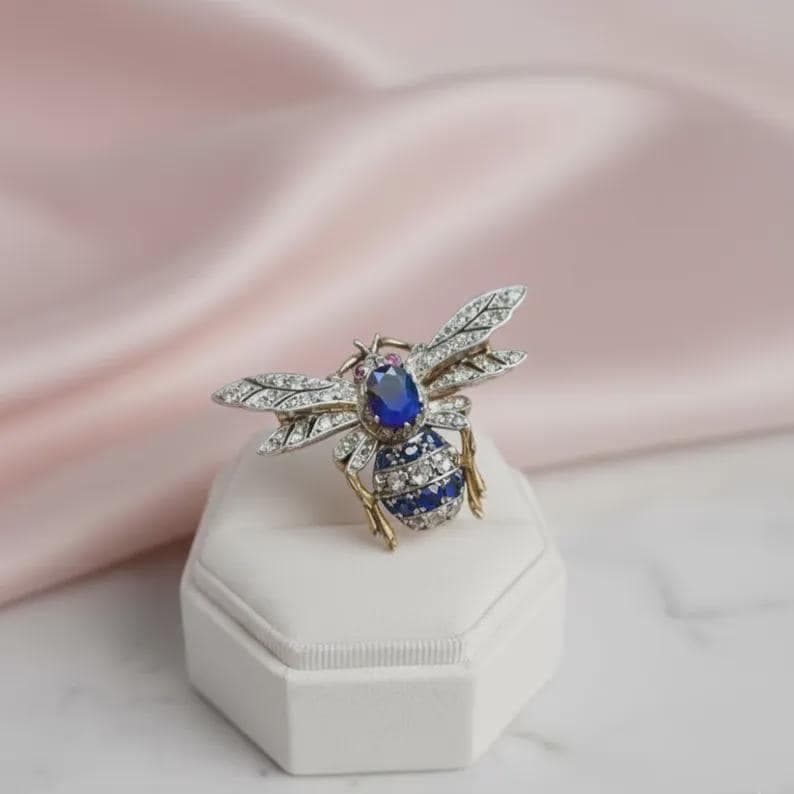 Elegant Sapphire & Diamond Bee Brooch — View 4