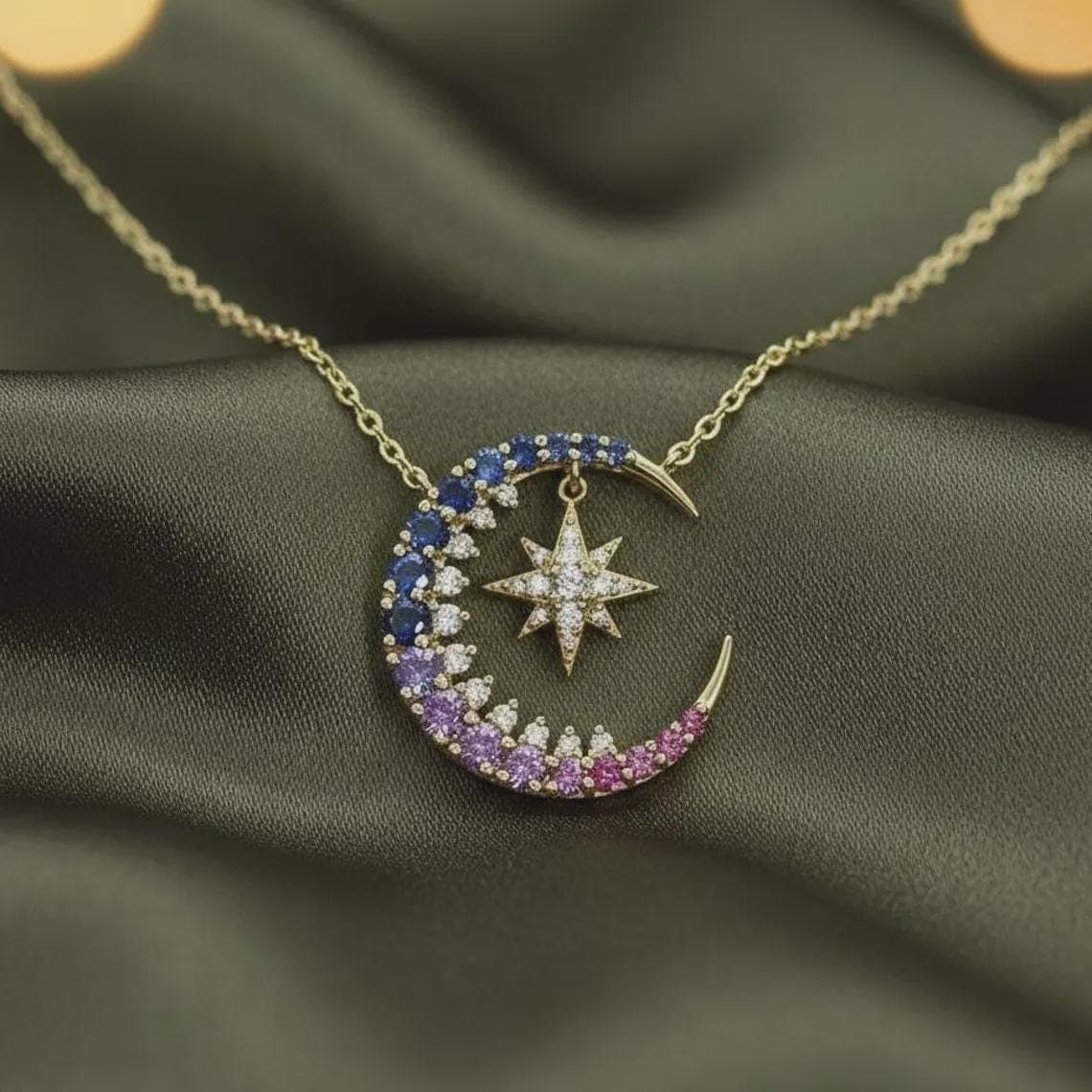 Blue Sapphire Moon Star Pendant
