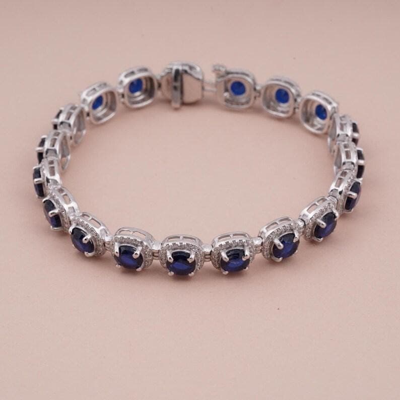 Oval Blue Sapphire Tennis Bracelet with Diamond Halo — View 2