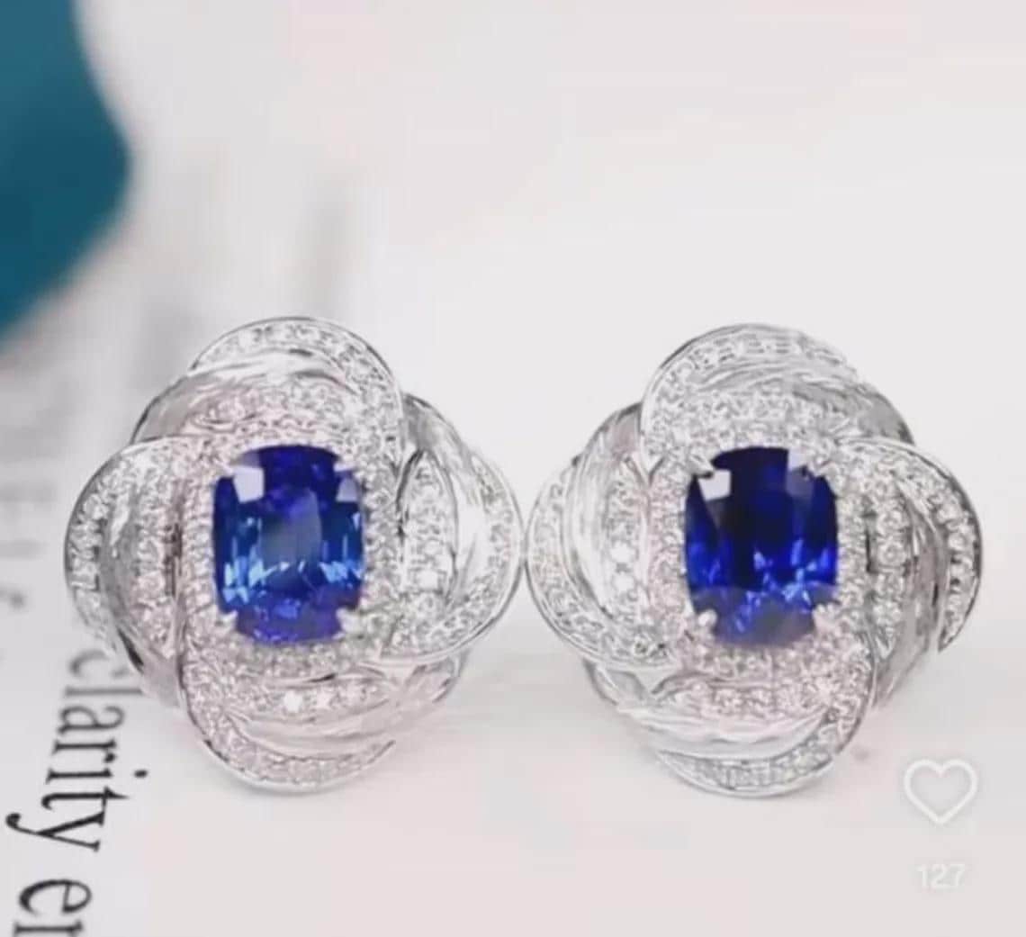 Cushion Cut Blue Sapphire Halo Stud Earrings — View 5