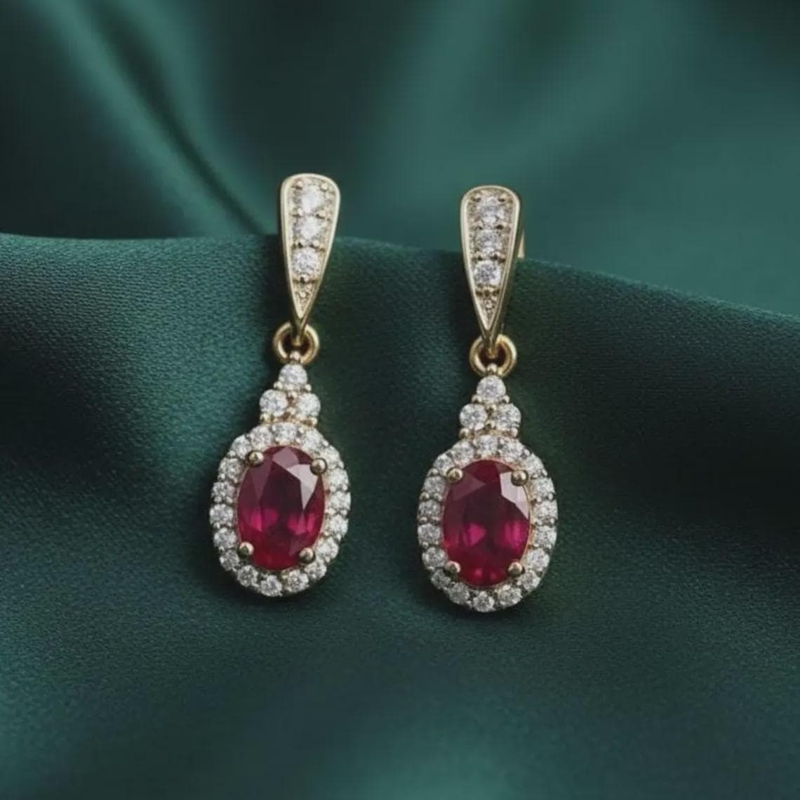 Oval Ruby Halo Drop Earrings
