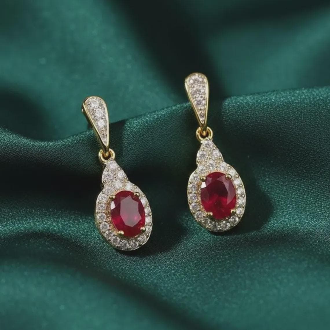 Oval Ruby Halo Drop Earrings — View 4