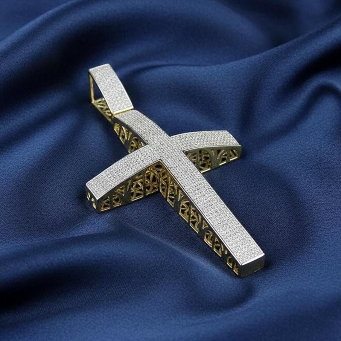 Men's Moissanite/Diamond Cross Pendant 14k Gold Plated Silver — View 2