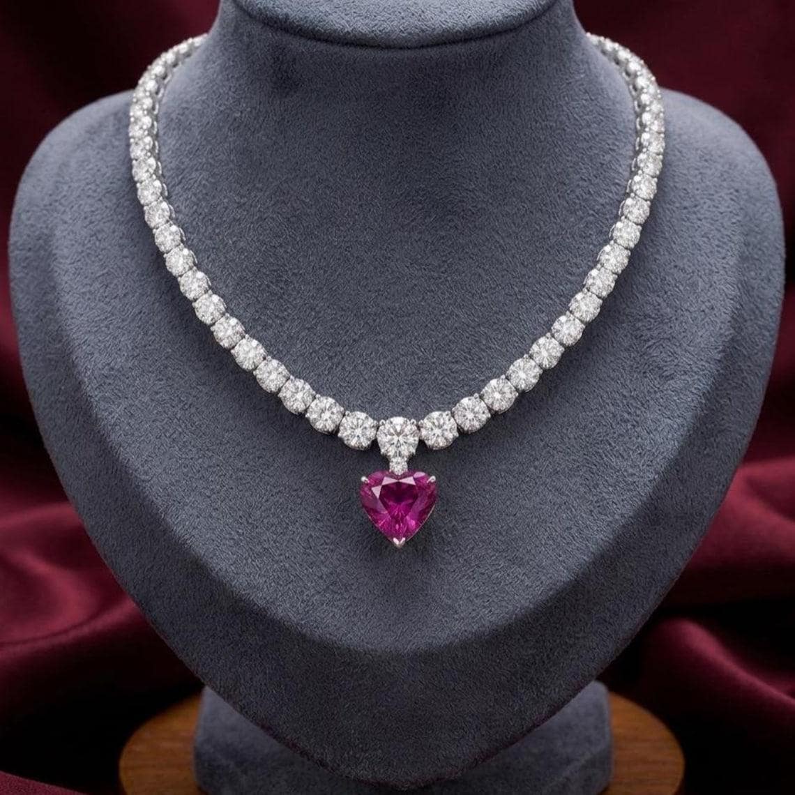 Eternal Heart Pink Ruby Tennis Necklace 14K Gold