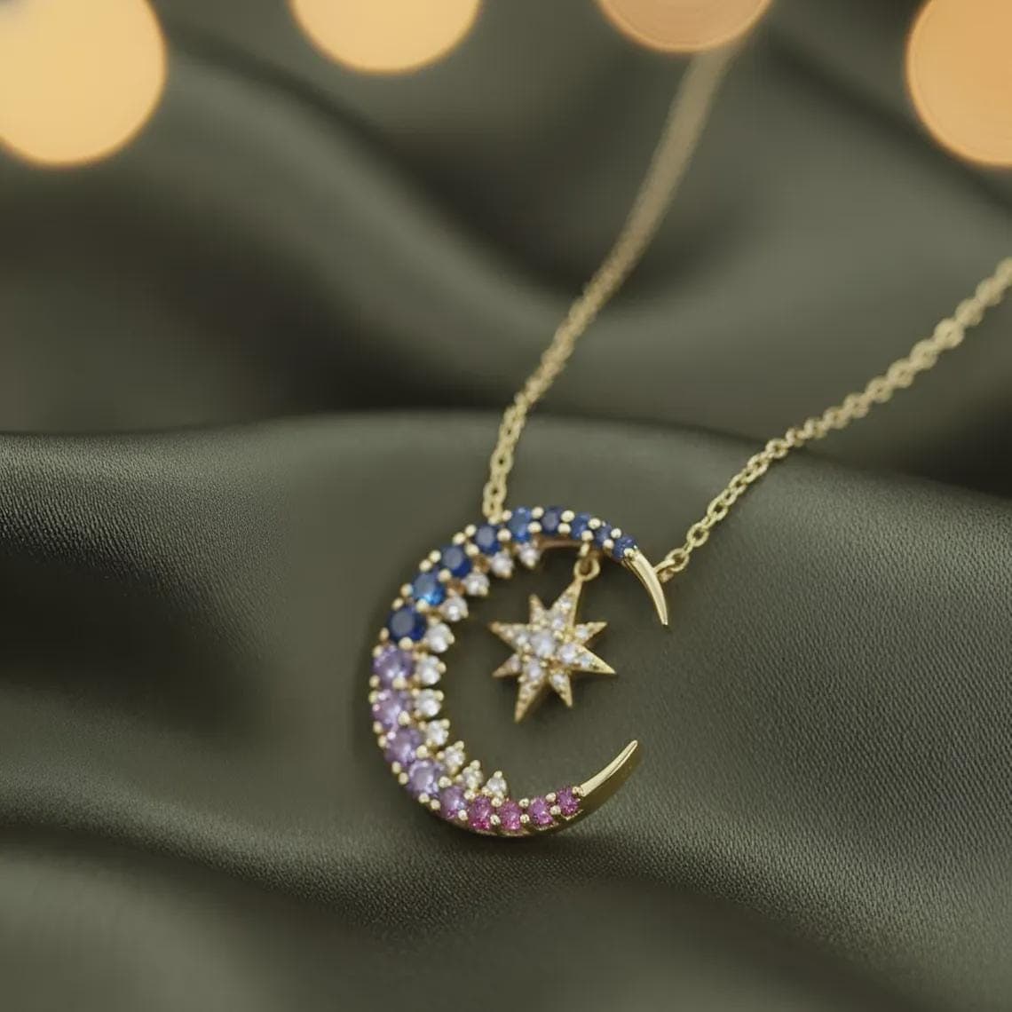 Blue Sapphire Moon Star Pendant — View 3
