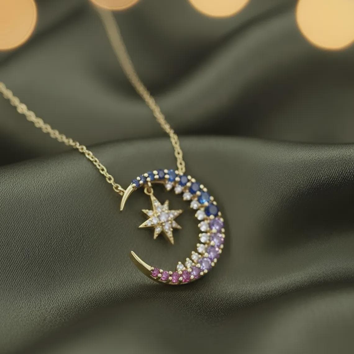 Blue Sapphire Moon Star Pendant — View 2