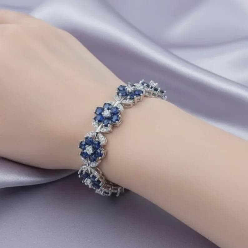 Blue Sapphire Flower Bracelet with Diamond Accents Elegant — View 3