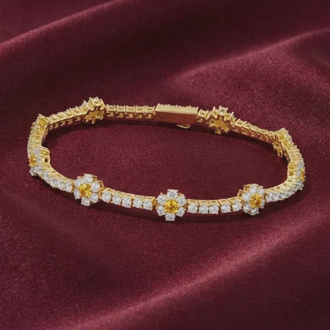 Yellow Citrine & Diamond Flower Women's Link 14K