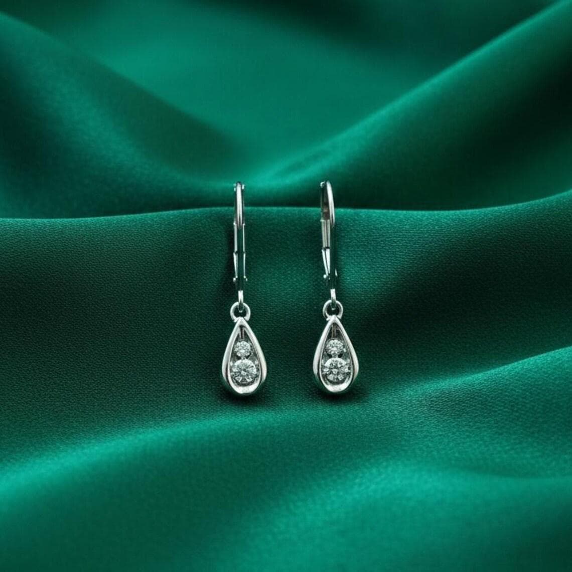 Moissanite Minimalist Two Stone Drop Dangle 14K White — View 3