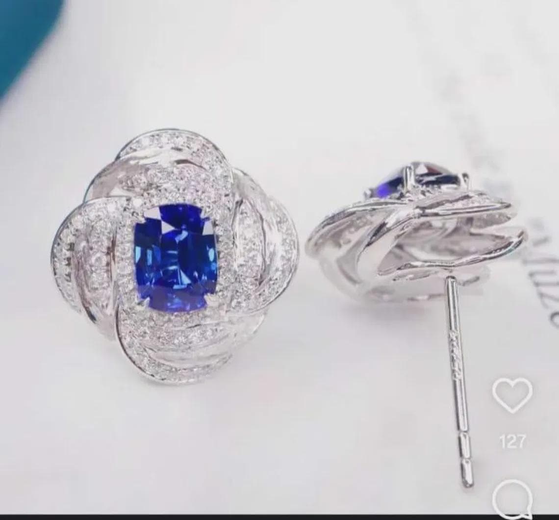 Cushion Cut Blue Sapphire Halo Stud Earrings — View 4