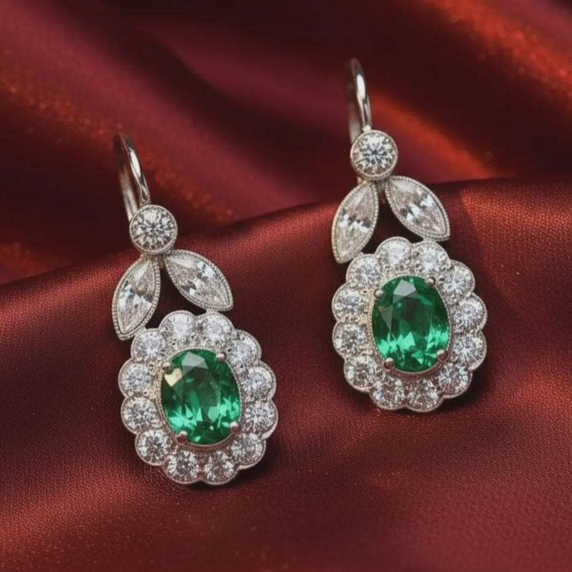 Emerald Moissanite Halo Drop Earrings — View 2