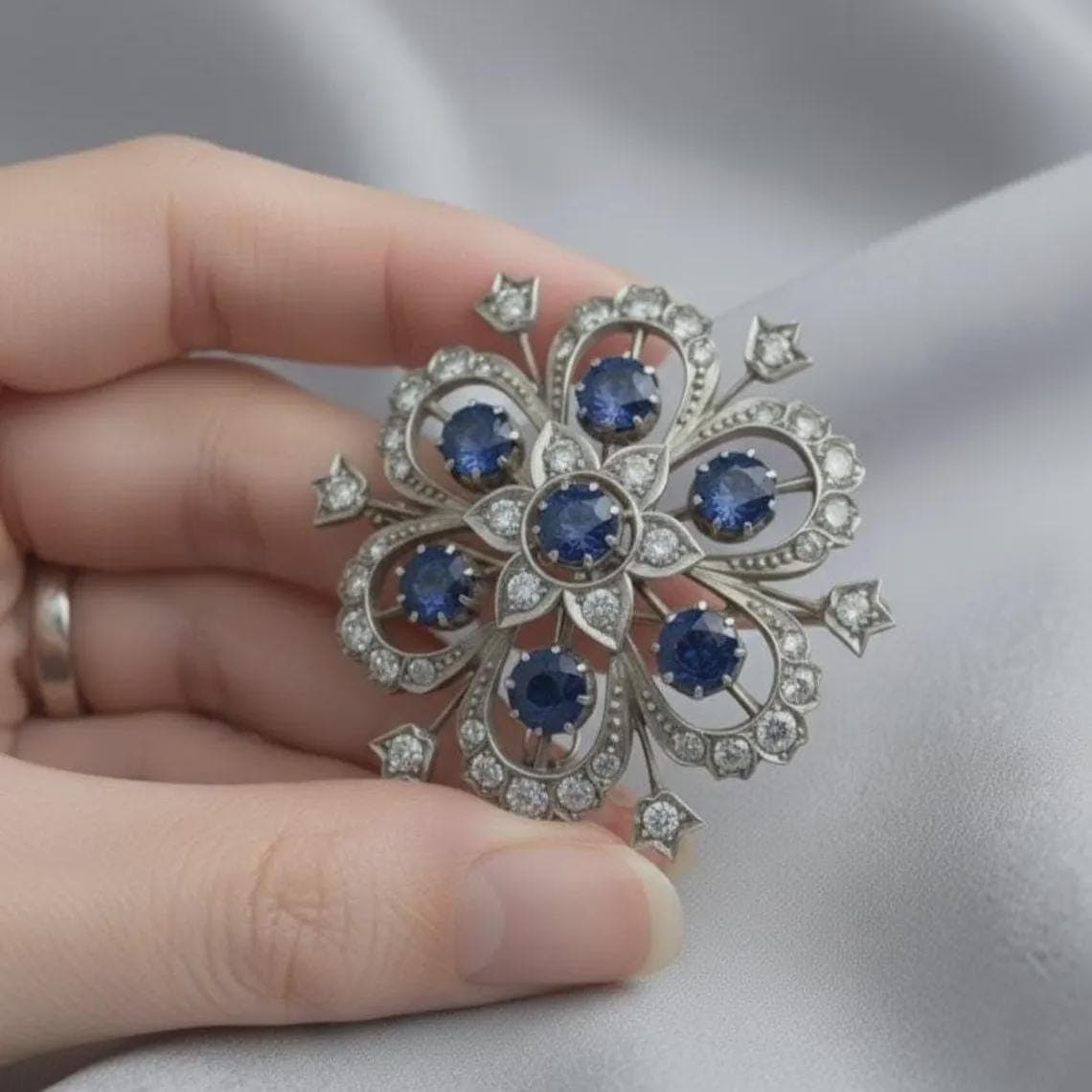 Sapphire & Diamond Floral Brooch — View 2