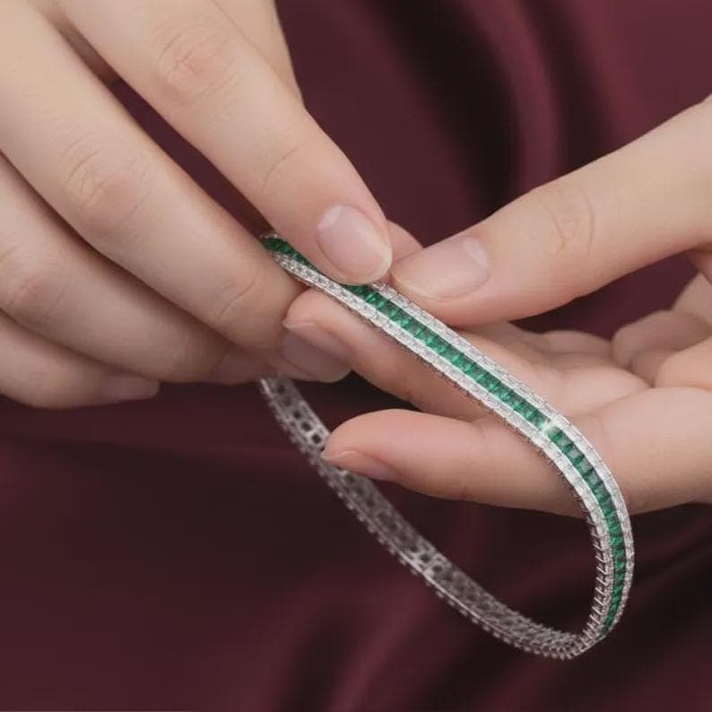 Elegant Emerald and Diamond Tennis Bracelet Double Row — View 2