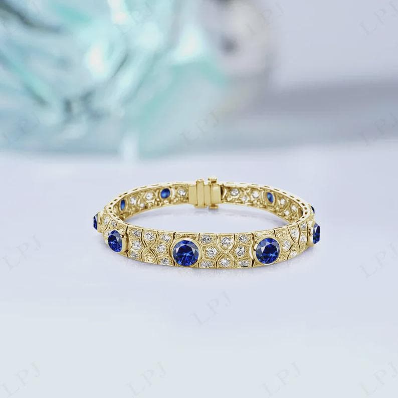 Vintage Style Blue Sapphire and Diamond Bracelet Elegant — View 2