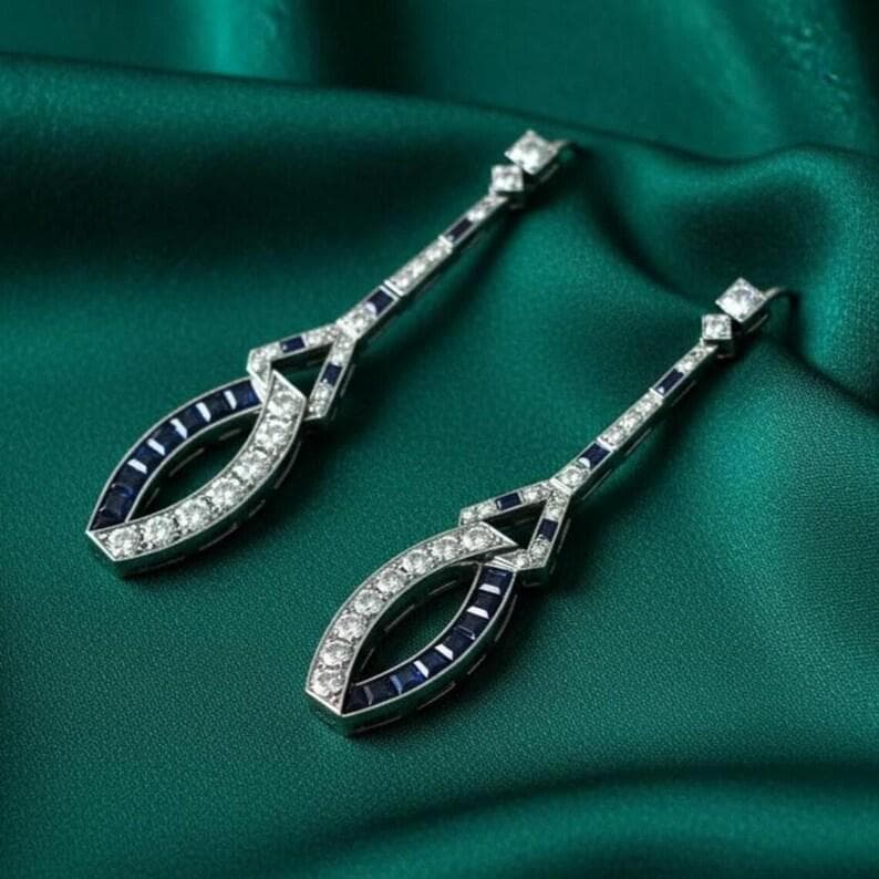 Art Deco Sapphire Diamond Dangle Earrings — View 3