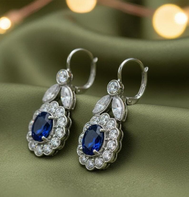 Blue Sapphire Diamond Halo Drop Earrings — View 3