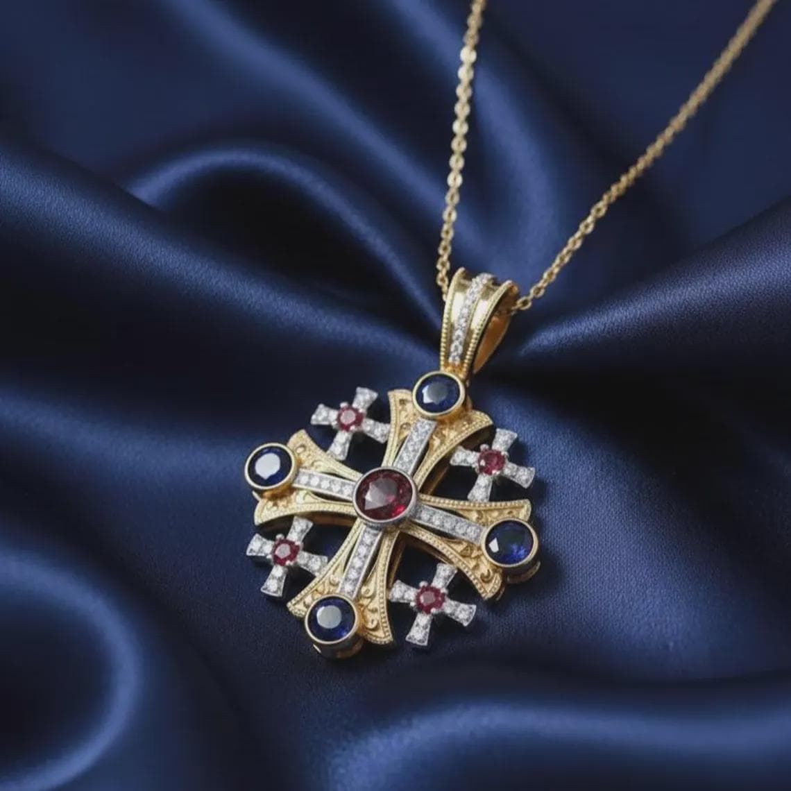 Round Sapphire & Garnet Cross Pendant Necklace For — View 2