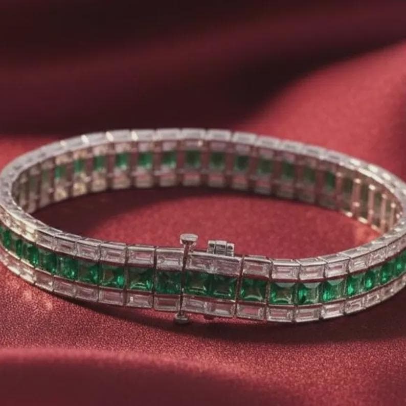 Elegant Emerald and Diamond Tennis Bracelet Double Row — View 4