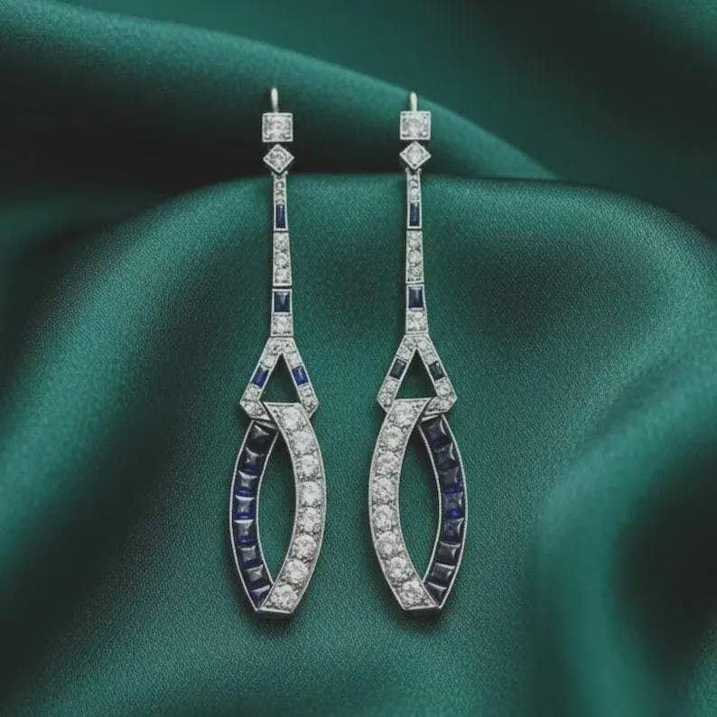 Art Deco Sapphire Diamond Dangle Earrings — View 2