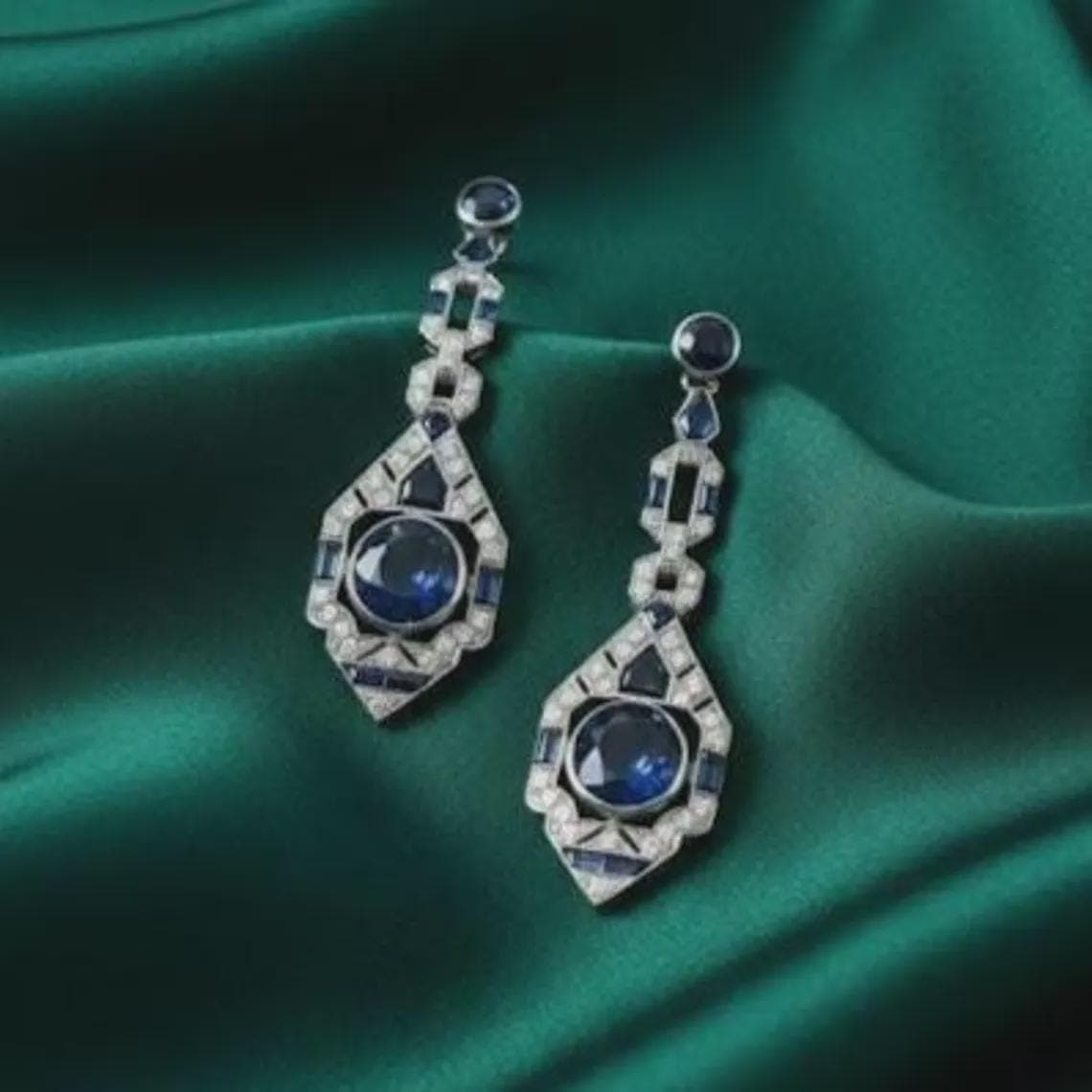 Art Deco Sapphire Diamond Drop Earrings — View 4