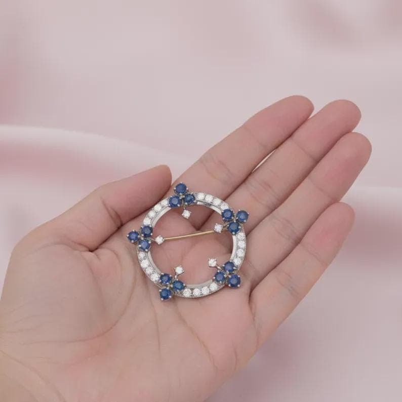 Vintage Circle Blue Sapphire Brooch with Diamond Accents — View 3