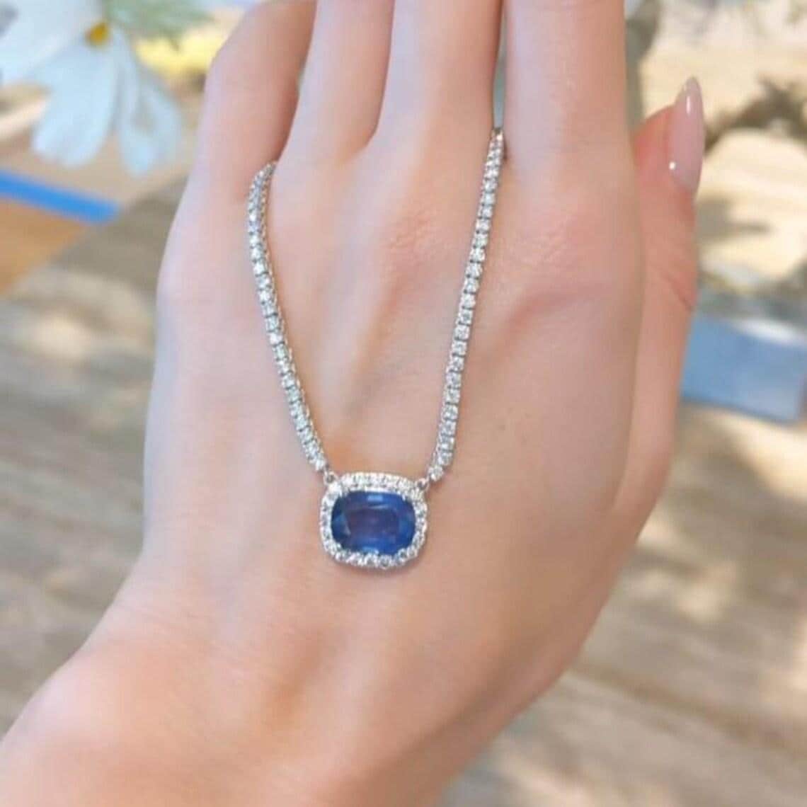 Cushion Cut Blue Sapphire Halo Pendant Necklace — View 3