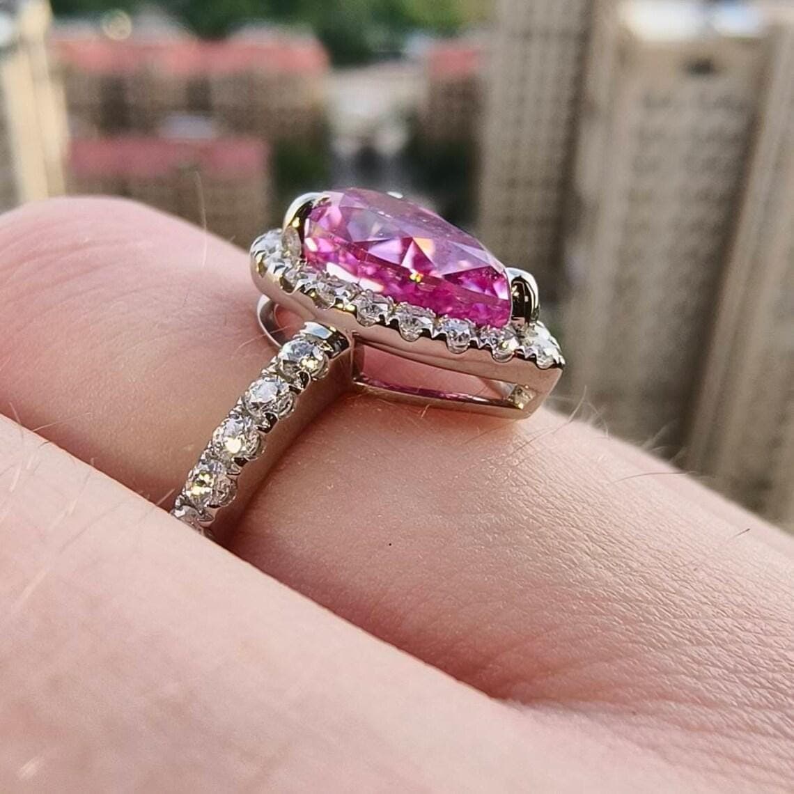 Fancy Pink Pear Cut Moissanite Engagement Ring — View 3