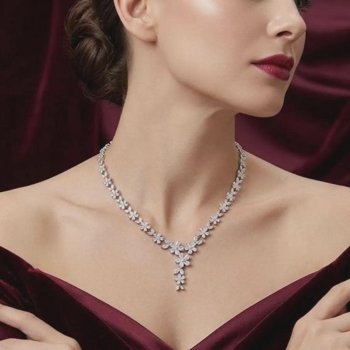 Regal Marquise Floral Garland Diamond/Moissanite Necklace 14K Gold — View 3